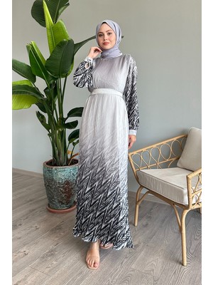 inStyle Etek ve Kolu Desen Gri Saten Elbise