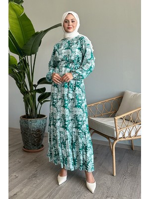 inStyle Palmiye Desen Mint Yeşili Viskon Elbise