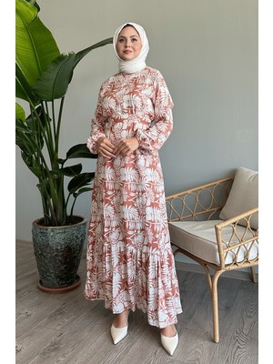 inStyle Palmiye Desen Somon Viskon Elbise