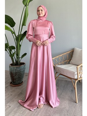 inStyle Kol Ucu Fermuarlı Pudra Saten Elbise