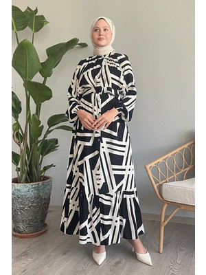 inStyle Şeritli Kemerli Siyah Viskon Elbise