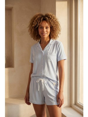 Kadın Mediterranean Cepli Şortlu Pijama Takımı Mavi