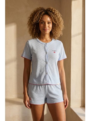 Katia & Bony Kadın Mediterranean Kiraz Nakışlı Şortlu Pijama Takımı Mavi
