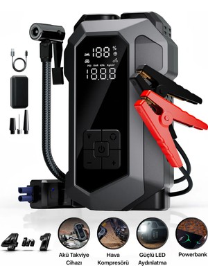 Metontech 4 In 1 Şarjlı Akü Takviye Cihazı | 16.000 Mah | Akım Koruma | Güçlü Seri | Lastik Şişirme, LED Fener