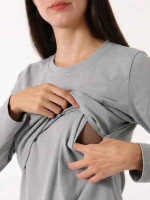 Maternel Yumuşak Dokulu Hamile Tişörtü %95 Pamuklu Trend Tasarım İki Adet Gri - Pudra