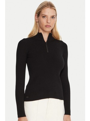 Lacoste Tight Fit High Neck 3D Ribbed Knit Sweater Kadın Dar Kesim Yarım Fermuar Tam Boy Fitilli Kazak Siyah