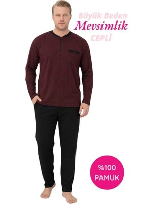 Bie's Erkek Bordo Büyük Beden Desenli %100 Pamuk Mevsimlik Geniş Kalıp Uzun Kol Cepli Pijama Takımı