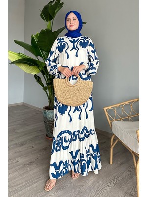 inStyle Tek Renk Desenli Saks Mavisi Viskon Elbise