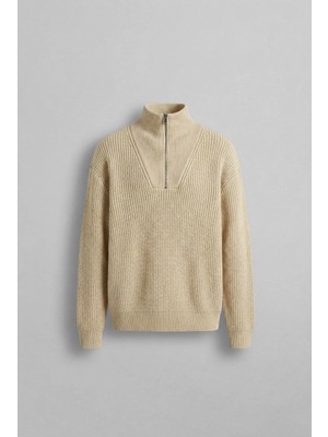 Abluka Online Erkek Yarım Fermuarlı Örme Kazak Bej