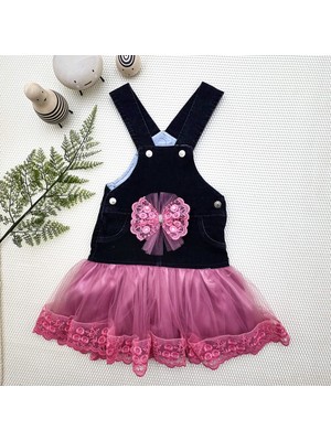Diji Baby 2-3-4 Yaş Fiyonklu Düğme Detaylı Tül Etek Kot Kumaş Salopet Kız Çocuk Elbisesi