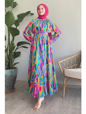 inStyle Oval Şeritli Kemerli Pembe Viskon Elbise