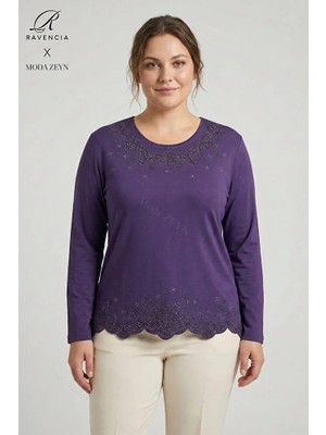 Ravencia Kadın Yıldız Desenli Yaka ve Etek Taşlı Işlemeli Yırtmaçlı Likralı Anne Penye Bluz