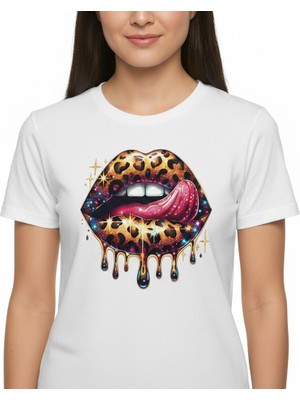 Texrium Kadın Beyaz -Siyah Leopar Desenli Parlak Dudak Baskılı Regular Kesim Premium T-Shirt