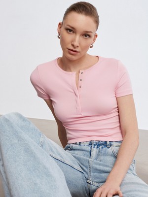 Dilvin 31704 Çıtçıt Düğmeli Kısa Kollu Top-Toz Pembe