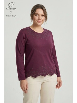 Ravencia Kadın Yıldız Desenli Yaka ve Etek Taşlı Işlemeli Yırtmaçlı Likralı Anne Penye Bluz