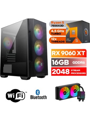 MSI Şafak-Gaming Pc Ddr5-Ryzen 5 7500X3D-RX 9060XT 16GB- 16 GB Ddr5 Ram-1 Tb Nvme 5000 4000-WİN11PRO-240MM Sıvı Sogutma