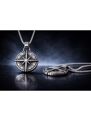 Paslanmaz Çelik Antik Eskitme Antrasit Renk Pusula Kolye