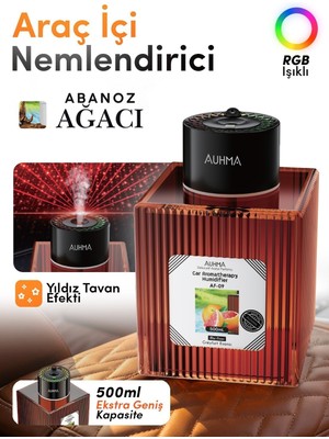 Auhma Af-09 Araç Içi Hava Nemlendirici & Koku Makinesi Abanoz Ağacı – 500ML Aromaterapi Difüzör + Rgb Işıklı Oto Perfume