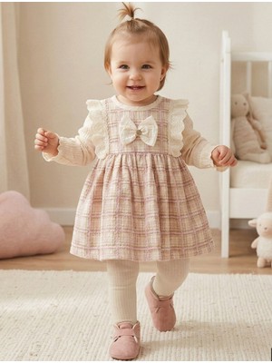 Minicix Kız Bebek Pamuklu Bayramlık Elbise 9-24 Ay Uzun Kollu Ekose Dantel Detaylı