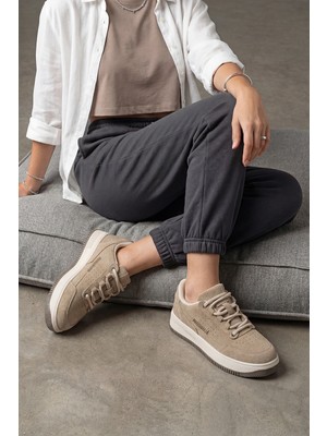Marjin Kadın Sneaker Yüksek Taban Spor Ayakkabı Loske Camel Süet