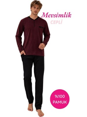 Tarık Homewear Erkek Bordo Desenli %100 Pamuk Mevsimlik Geniş Kalıp Uzun Kol Cepli Pijama Takımı