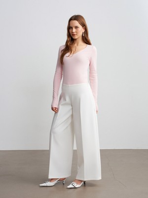 Dilvin 72654 Volanlı Geniş Paça Pantolon-Beyaz