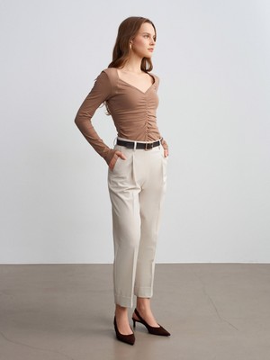 Dilvin 72274 Katlanmış Paça Kemerli Pantolon-Taş