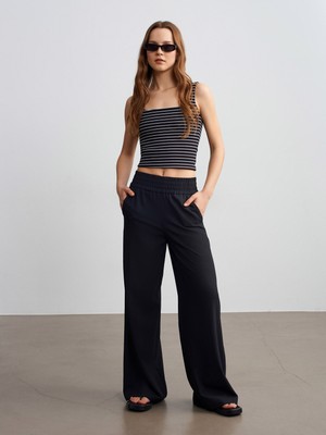 Dilvin 72259 Beli Lastikli Geniş Paça Pantolon-Siyah