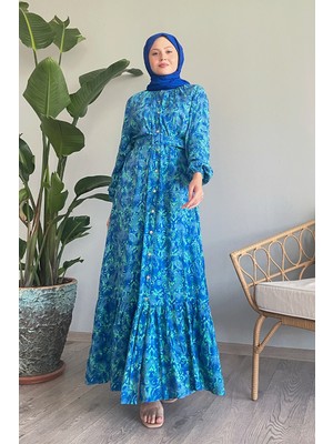 inStyle Düğmeli Etnik Kemerli Mavi Viskon Elbise