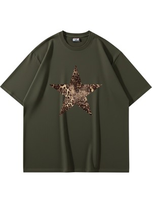 Sekizbiraltı Starz Leopar Baskılı 24/1 Oversize Unisex Haki Tshirt
