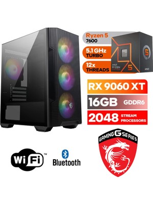 MSI Şafak-Gaming Pc Ddr5-Ryzen 5 7600-RX 9060XT 16GB- 16 GB Ddr5 Ram-1 Tb Nvme 5000 4000-WİN11PRO-WİFİ-BLUETOOTH-