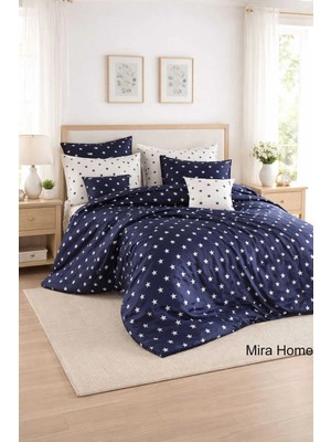 Mira Home Çift Kişilik Yıldız Desenli Nevresim Takımı Pamuklu Lacivert/beyaz