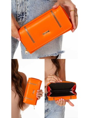 Newish Polo Kadın Turuncu Deri Desenli Telefon Kağıt Para Bölmeli Kartlık ve Cüzdan NEWPOLO214 - Turuncu