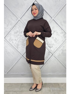Pys Giyim Kadın Cebi Paraşüt Kumaş Kombinli ve Taş Detaylı Tesettür Tunik