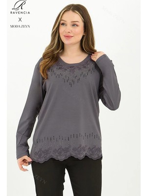 Ravencia Kadın Koyu Gri Damla Desen Taşlı Işlemeli Likralı Yırtmaçlı Viskon Anne Penye Bluz