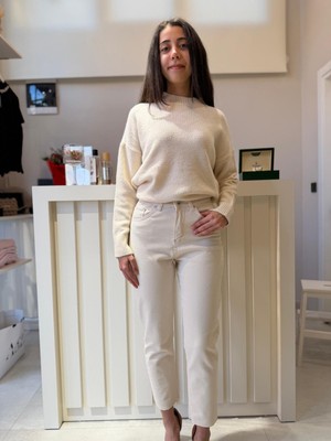 Kadın Yüksek Bel Mom Fit Jean Pantolon – Ekru Düz Paça Denim