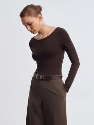 Dilvin 32549 Kayık Yaka Bodysuit-Koyu Kahve