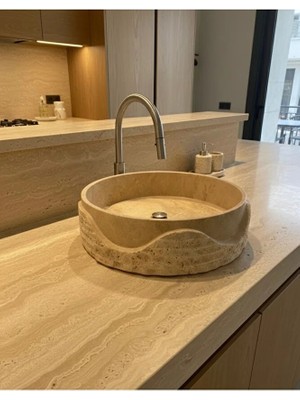 Organik Form El Işçiliği Doğal Taş Traverten Lavabo 50CM