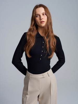 Dilvin 32671 Düğme Detaylı Polo Yaka Top-Siyah