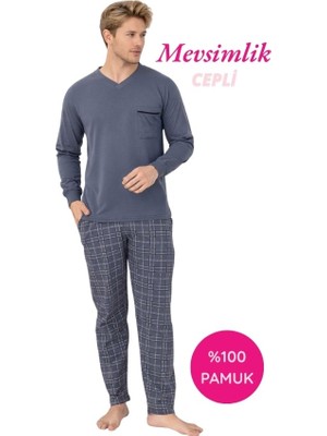 Bie's Erkek Füme Desenli %100 Pamuk Mevsimlik Geniş Kalıp Uzun Kol Cepli Pijama Takımı