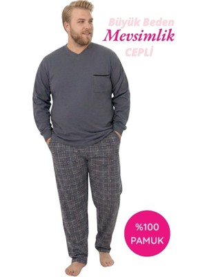 Tarık Homewear Erkek Gri Büyük Beden Desenli %100 Pamuk Mevsimlik Geniş Kalıp Uzun Kol Cepli Pijama Takımı