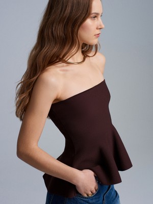 Dilvin 10791 Straplez Peplum Triko Top-Kahve