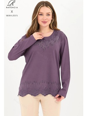 Ravencia Kadın Koyu Gri Damla Desen Taşlı Işlemeli Likralı Yırtmaçlı Viskon Anne Penye Bluz