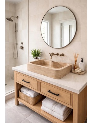 “premium Traverten Banyo Lavabosu – Doğal Taş El Yapımı” 60X40