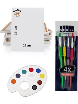 Glanart 25X35 Tuval ve Paletli 4 Lü Fırça Seti Sentetik Uç (Yağlı,guaj,akrilik  Boyası Için)
