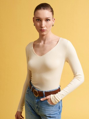 Dilvin 10842 V Yaka Kaşmirli Ultra Hafif Triko Kazak-Açık Sarı