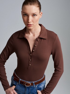 Dilvin 32671 Düğme Detaylı Polo Yaka Top-Açık Kahve