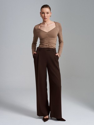 Dilvin 72280 Yüksek Bel Geniş Paça Pantolon-Kahve