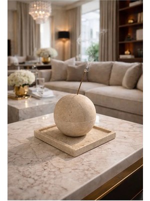 Premium Traverten Taş Tütsü Seti – Küre Form, Dekoratif Masa Üstü Tasarım
