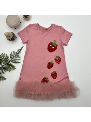 Diji Baby 1-2-3 Yaş Payetli Çilekler Nakışlı Eteği Fırfırlı Jile Kız Çocuk Elbisesi